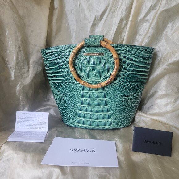 The Brahmin Mod Bowie Satchel in Myrtle Melbourne Croc Embossed Green Leather - Picture 7 of 8